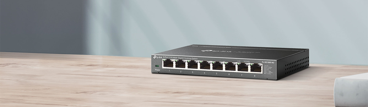 Key visual of 8-Port 2.5G Multi-Gigabit Desktop Switch on desktop.