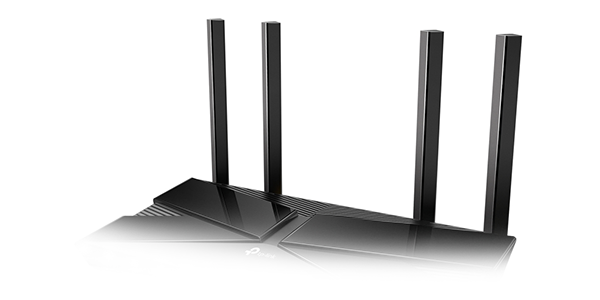Top of Archer AX58 router, showcasing its 4 high-gain antennas.
