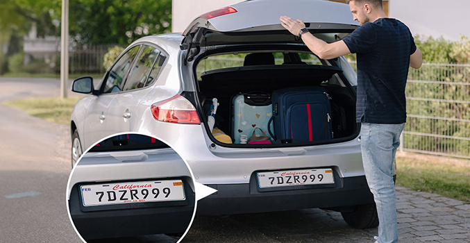 Man opening boot of car at daytime with zoomed in section of the number plate.