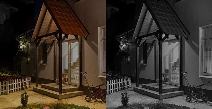 Split view of front of room showing colour night vision next to traditional IR night vision.