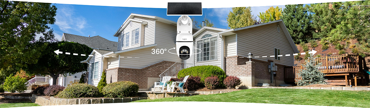 Panoramic view of house with front angle of C610 kit overlaid top center.