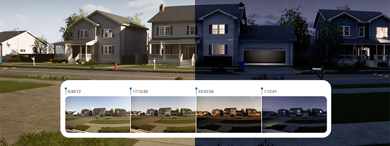 Split view of street, half day and night with 24 hour timeframe underneath.