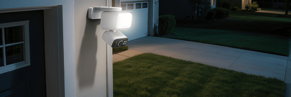 Floodlight switched on, fixed to side of house at night.