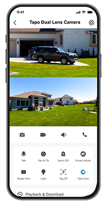 Smart phone with Tapo App on-screen displaying multi-camera views with controls at the bottom.