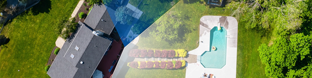 Birds eye view of home with both camera's extended field-of-view illustrated with blue and white overlays.