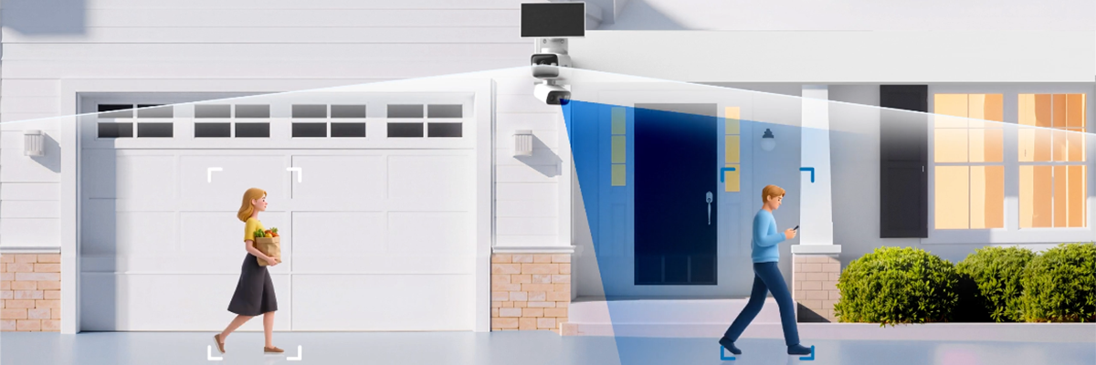 TC93D attached to house with wide angle lens capturing all within field of view and telephoto camera focusing on one person.