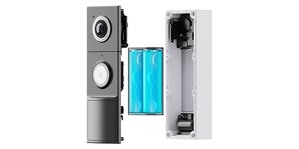 TD25 doorbell front and back detached either side with battery pack illustrated in the middle.