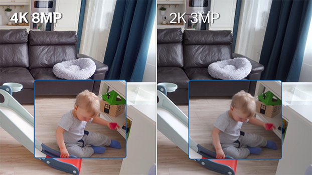 Split view of child in living room, one half 4K resolution, other half 2K resolution.