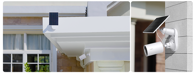Two views of the front yard of a house, one with solar panel and camera fixed separate, one combined.