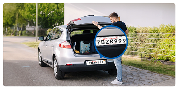 Man opening car boot with zoomed in section of registration plate clearly displayed.