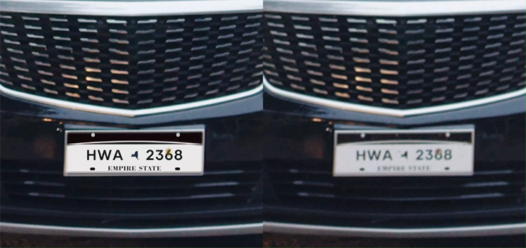 Split screen of car license plates comparing 4K to 1080p.