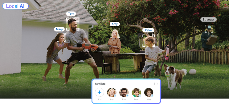 Family playing in garden with AI recognition adding names above each person's head.