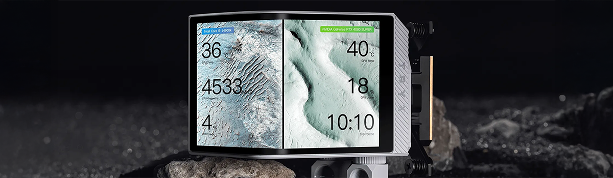 PANORAMA WB CPU waterblock displaying a split screen of  mixed system stats.