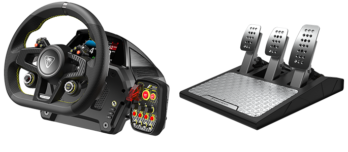 Hero angle of racing wheel and pedal set