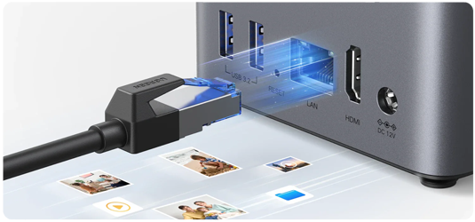 Render of RJ45 cable being plugged into RJ45 port, showing various small photos with motion streaks underneath