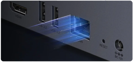 Render of RJ45 cable being plugged into RJ45 port, showing various small photos with motion streaks underneath