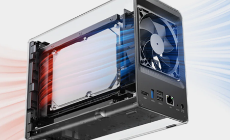 Render of NAS with intake and exhaust streaks going through fan on the front