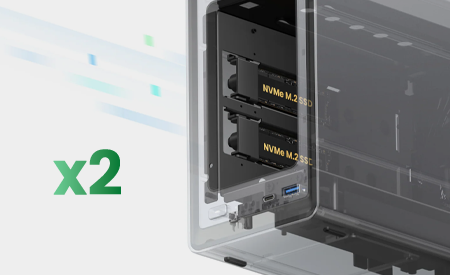 Render of NAS with side exposed revealing two M.2 slots