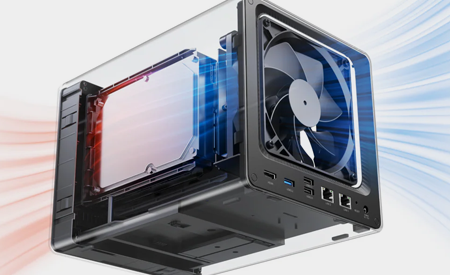 Render of NAS with intake and exhaust streaks going through fan on the front
