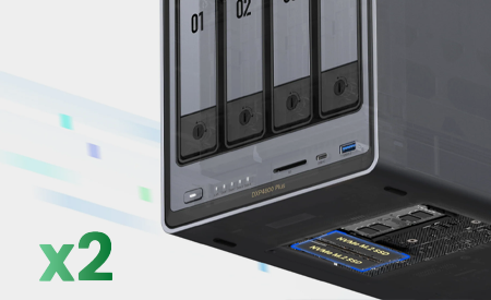 Render of NAS with side exposed revealing two M.2 slots