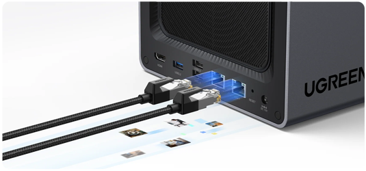 Render of RJ45 cable being plugged into RJ45 port, showing various small photos with motion streaks underneath