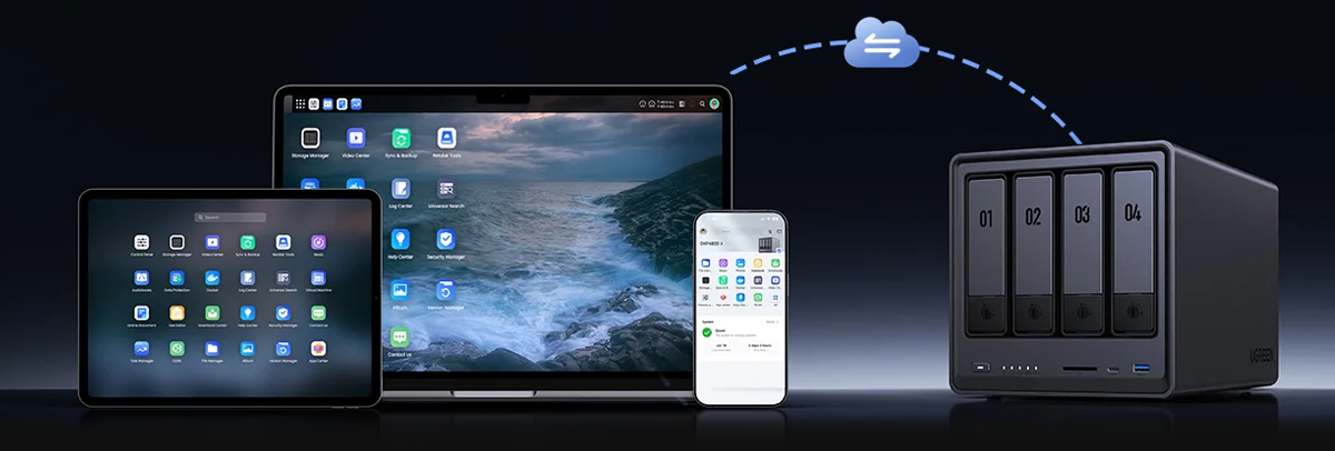 Tablet, laptop and smartphone bunched together under an antline with cloud symbol arcing to NAS