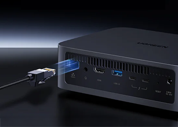 Render of 10 GbE RJ45 cable being plugged into 10 GbE RJ45 port