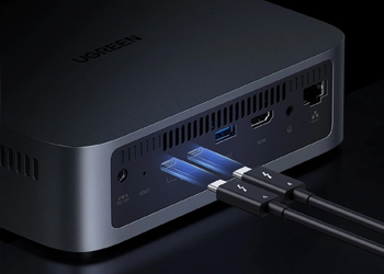 Render of two Thunderbolt 4 Type-C cable being plugged into two Thunderbolt 4 Type-C ports