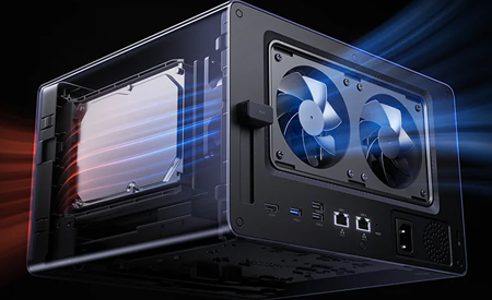 Render of NAS with intake and exhaust streaks going through fan on the front