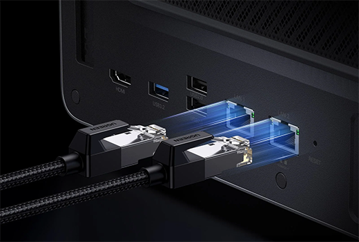 Render of two 10 GbE RJ45 cable being plugged into two 10 GbE RJ45 ports