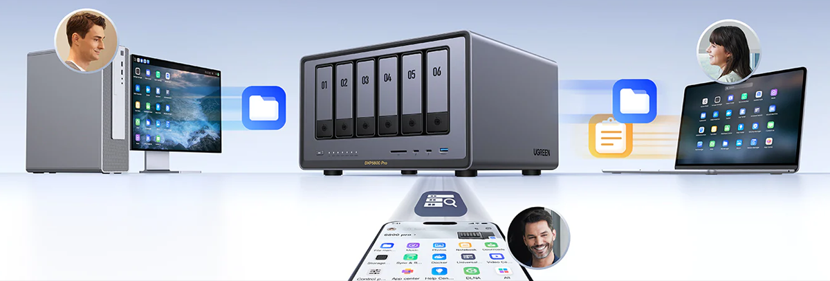 Tablet, laptop and smartphone bunched together under an antline with cloud symbol arcing to NAS