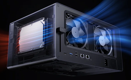 Render of NAS with intake and exhaust streaks going through fan on the front