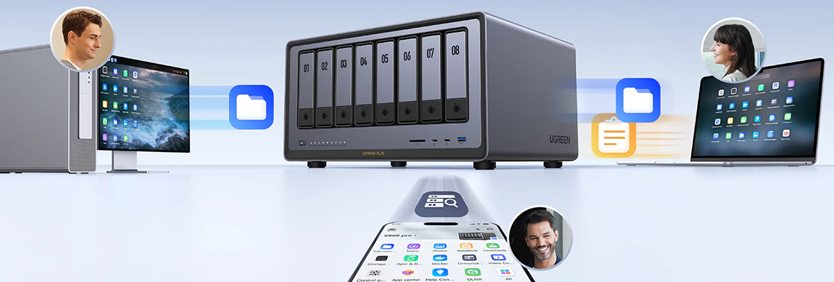 Tablet, laptop and smartphone bunched together under an antline with cloud symbol arcing to NAS