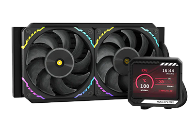 Front angle of Valkyrie V240 AIO CPU Liquid Cooler with LCD Screen.