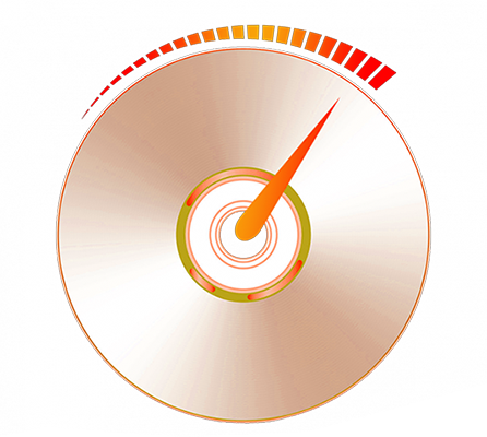 Illustration of disc in the style of a speedometer with a needle from the center of the disc pointing to the top speed, highlighting fast burning