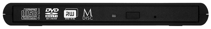 Head-on shot of drive face showing Compact Disc Rewritable Ultra Speed, DVD Multi Recorder, DVD-RW DL and M Disc Certifications 