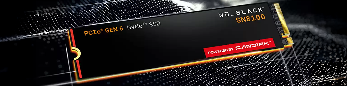 Key visual of SN8100 M.2 SSD, illustrated over a wave of black liquid metal to highlight premium design.