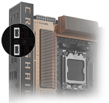 Angled shot of motherboard with USB C ports highlighted