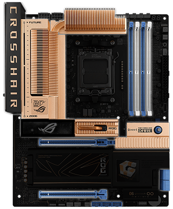 Motherboard with copper heatsinks highlighted