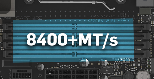 Close up of the NITRO+ motherboard DDR5 sockets.