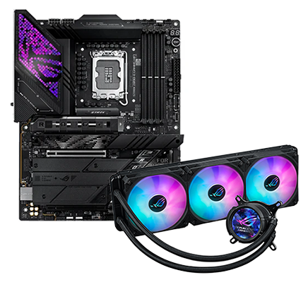 ROG STRIX Z890-E GAMING WIFI Intel ATX with Strix LC III 360 LCD AIO Cooler from ASUS.