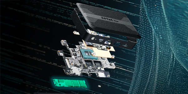 Zotac pico mini pc, with its internal components exploded out, revealing LPDDR5 memory.