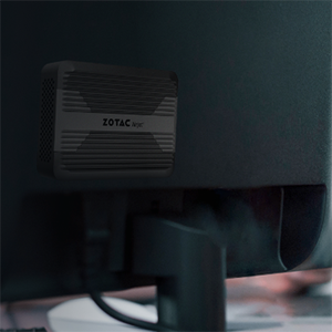 Zotac Pico mini pc mounted on the back of a monitor.