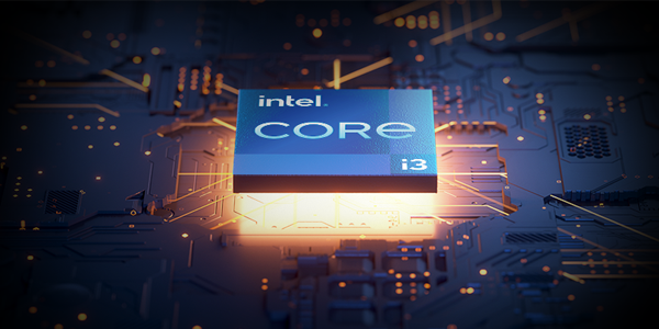 Intel Core i3 processer chip with orange underglow, floating above blue circuit board.