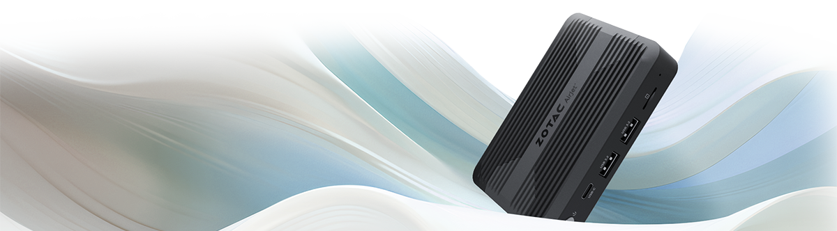 ZOTAC Pico mini pc on a rendered silky blue and white wave.