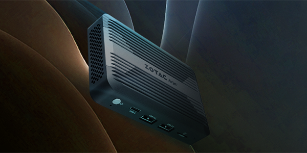 Top/left/front angle of Zotac Pico mini pc.