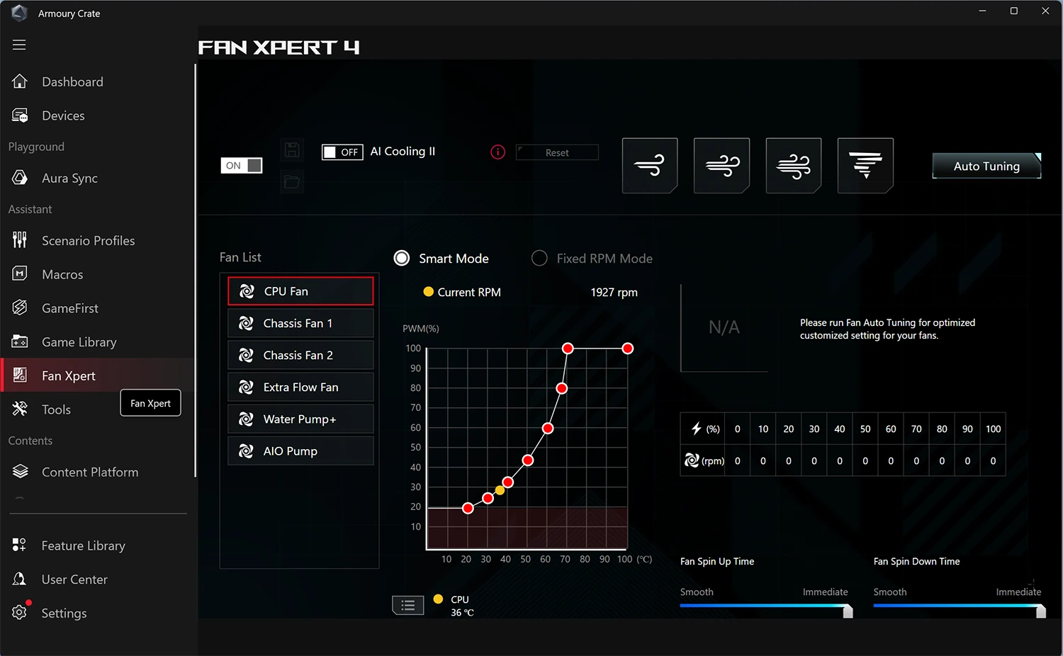 Fan control software showing adjustable fan speed curves