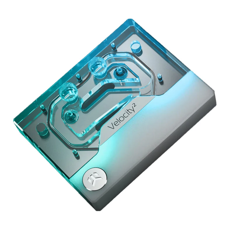 A CPU waterblock showing the inlet and outlet ports for water flow