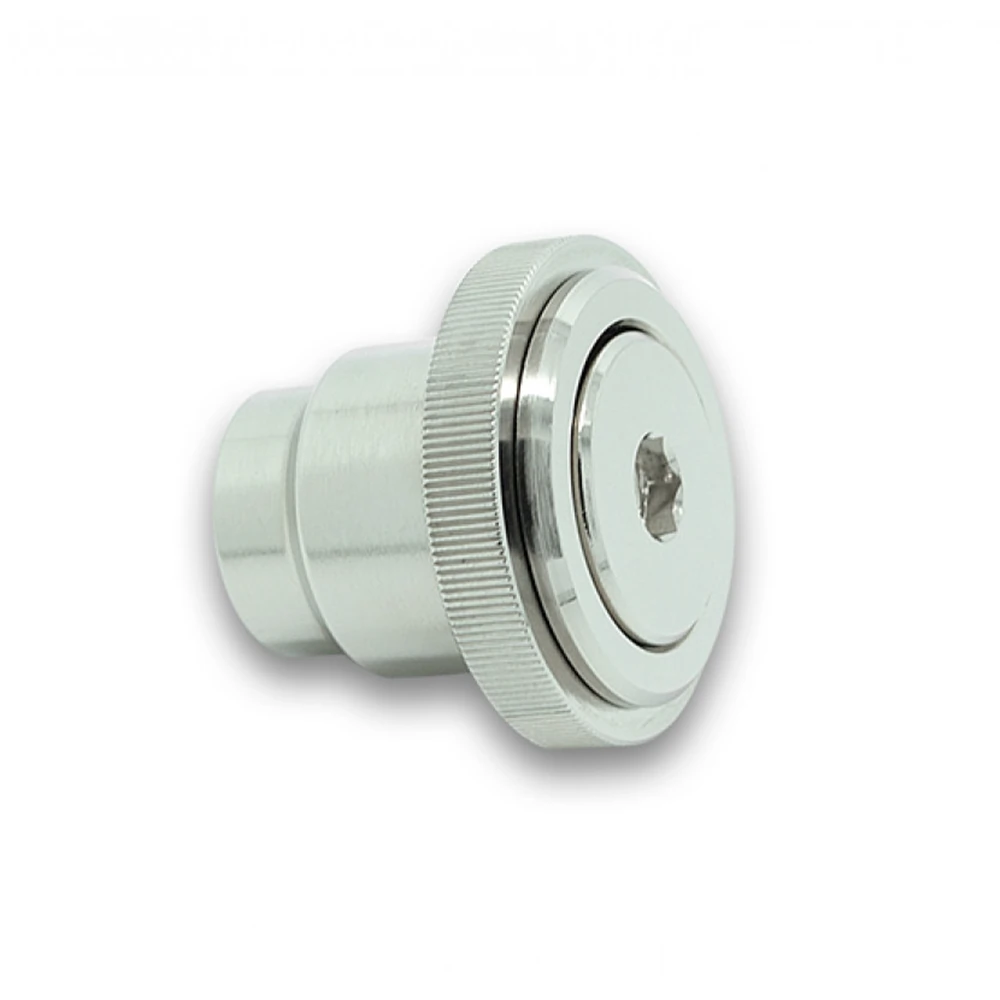 A fill port fitted at the top of a PC case for easy coolant top-up and draining