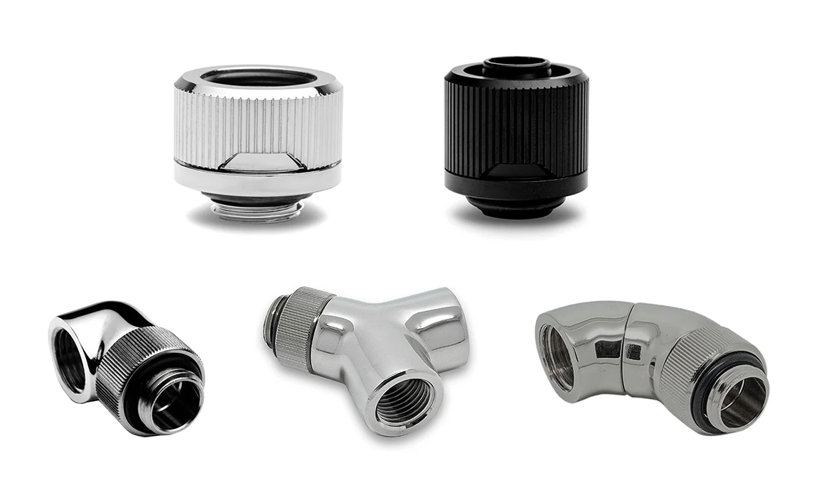 Assorted watercooling fittings including straight, angled and splitter types